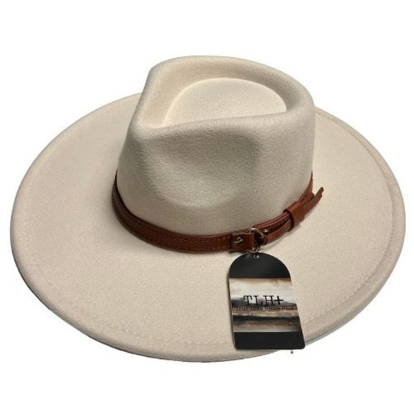 Boutique Accessories - Wide Flat Brim Faux Suede Poly Buckle Fashion Hat Cream Minimalist Boho Chic OS